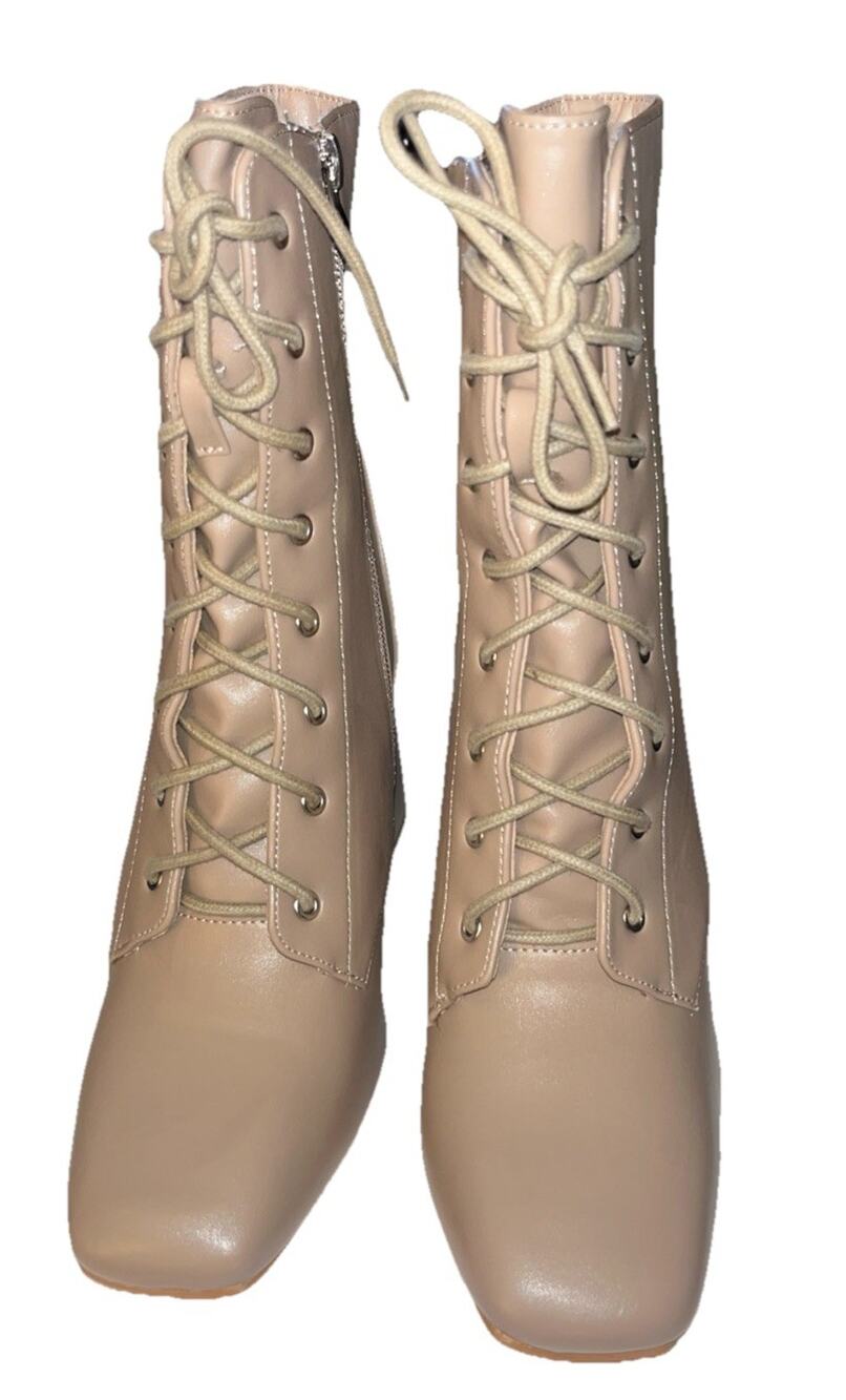 NEWBELLA Women's Square Toe Ankle Boots - Lace-Up Block Heel Side Zip Apricot 8